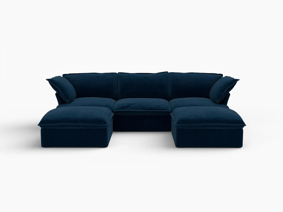 Seccional Modular de Lujo Cloud Azul Oscuro de 3 Asientos | 5 piezas (incluye 2 otomanas), tela de terciopelo, otomana con almacenamiento