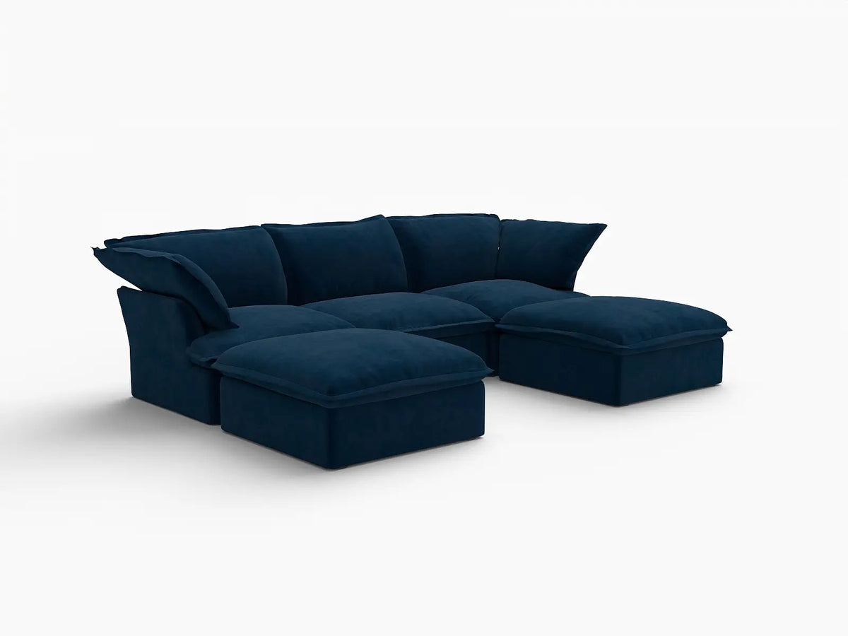Seccional Modular de Lujo Cloud Azul Oscuro de 3 Asientos | 5 piezas (incluye 2 otomanas), tela de terciopelo, otomana con almacenamiento