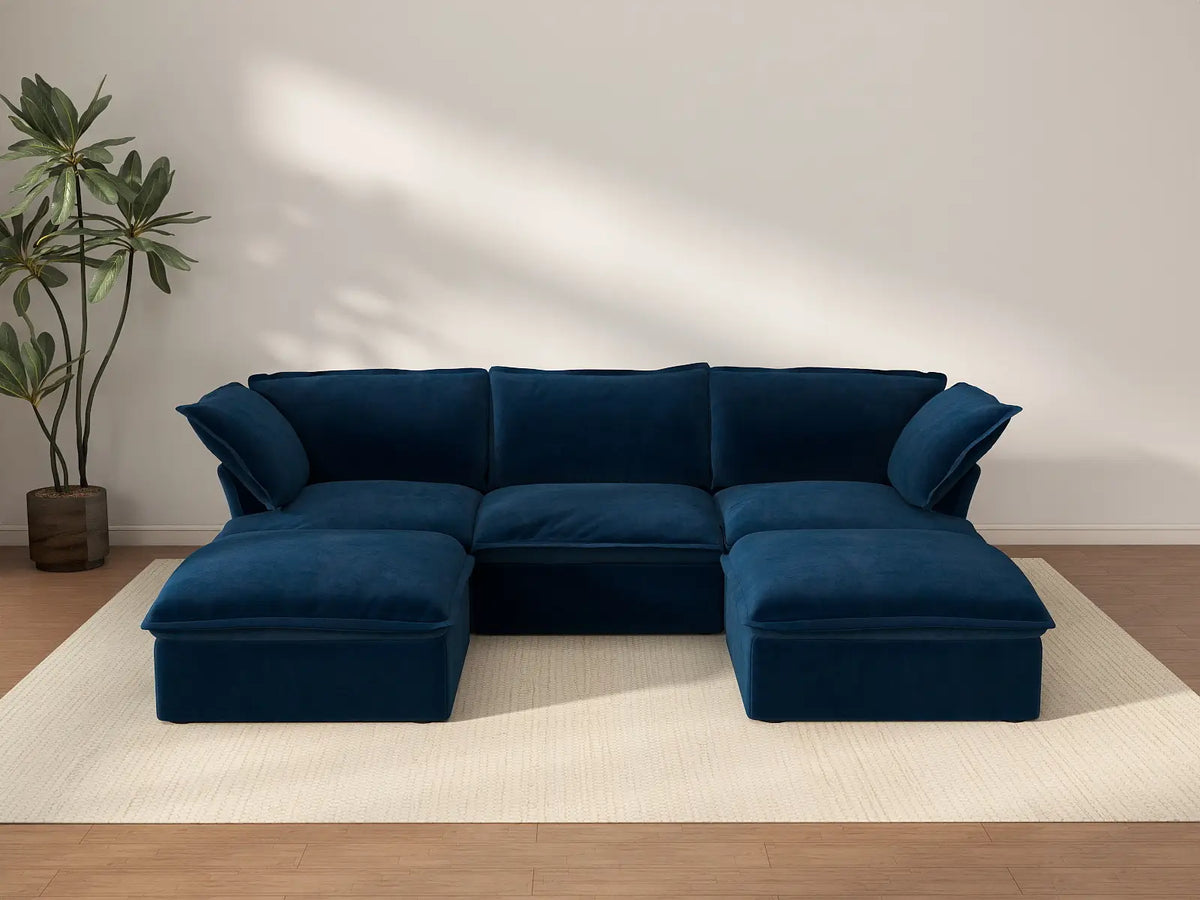Seccional Modular de Lujo Cloud Azul Oscuro de 3 Asientos | 5 piezas (incluye 2 otomanas), tela de terciopelo, otomana con almacenamiento