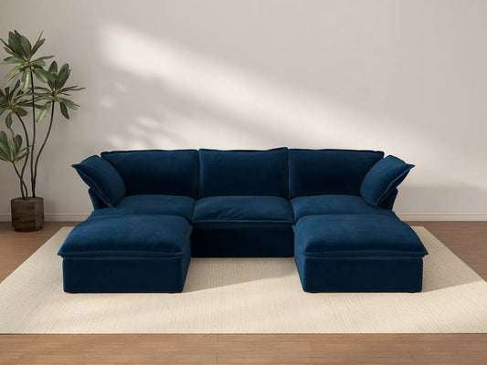 Seccional Modular de Lujo Cloud Azul Oscuro de 3 Asientos | 5 piezas (incluye 2 otomanas), tela de terciopelo, otomana con almacenamiento