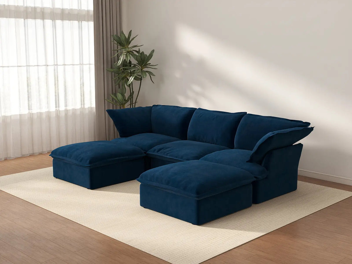 Seccional Modular de Lujo Cloud Azul Oscuro de 3 Asientos | 5 piezas (incluye 2 otomanas), tela de terciopelo, otomana con almacenamiento