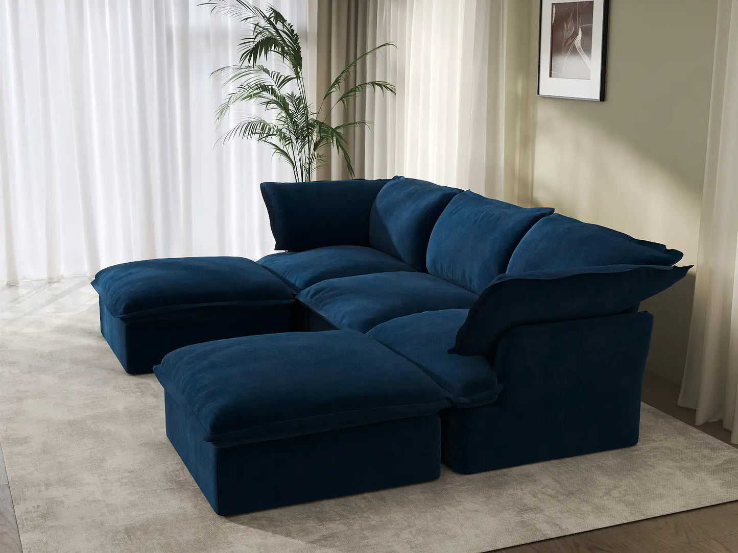 Seccional Modular de Lujo Cloud Azul Oscuro de 3 Asientos | 5 piezas (incluye 2 otomanas), tela de terciopelo, otomana con almacenamiento