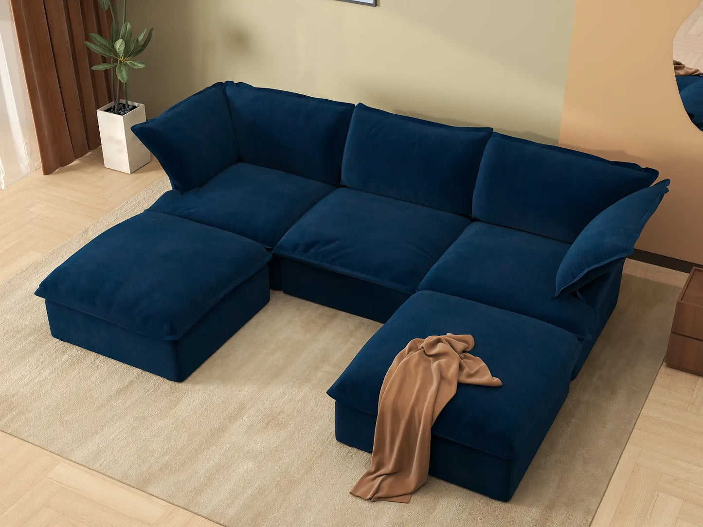 Seccional Modular de Lujo Cloud Azul Oscuro de 3 Asientos | 5 piezas (incluye 2 otomanas), tela de terciopelo, otomana con almacenamiento