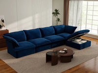 Deluxe Cloud Dark Blue 4-Seater L-Shaped Sofa with Storage | 5-Piece (includes 1 ottoman), Velvet Fabric, Washable Covers