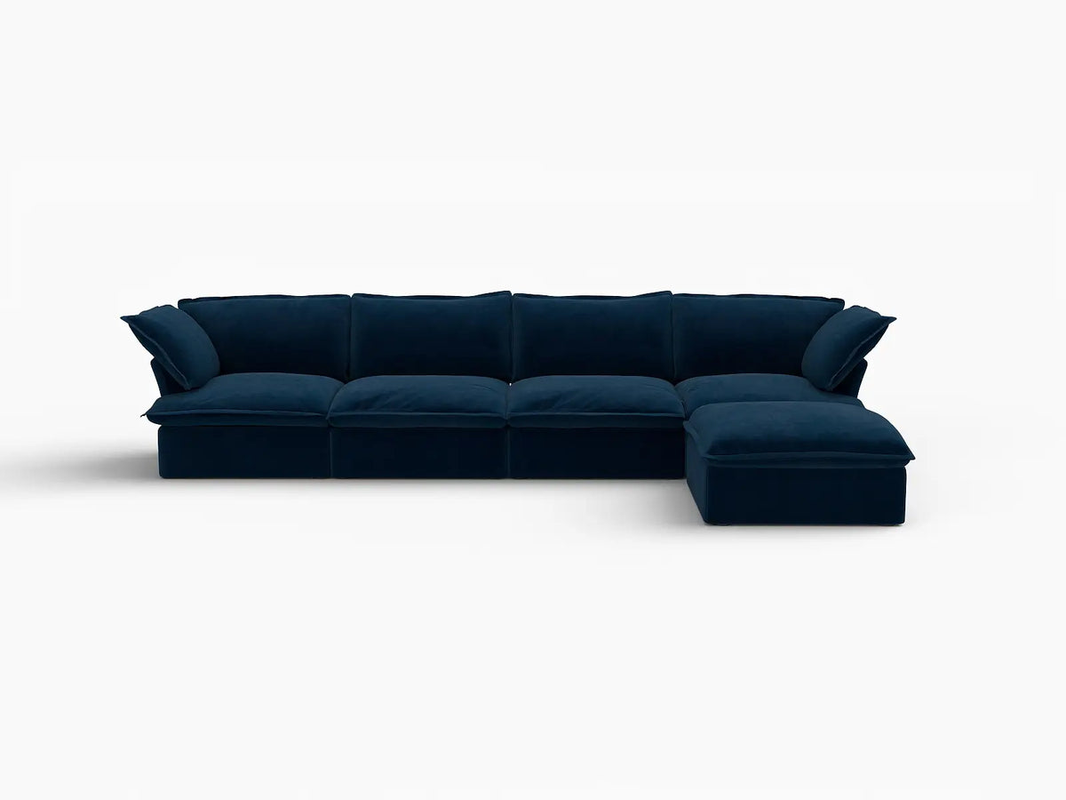 Deluxe Cloud Dark Blue 4-Seater L-Shaped Sofa with Storage | 5-Piece (includes 1 ottoman), Velvet Fabric, Washable Covers
