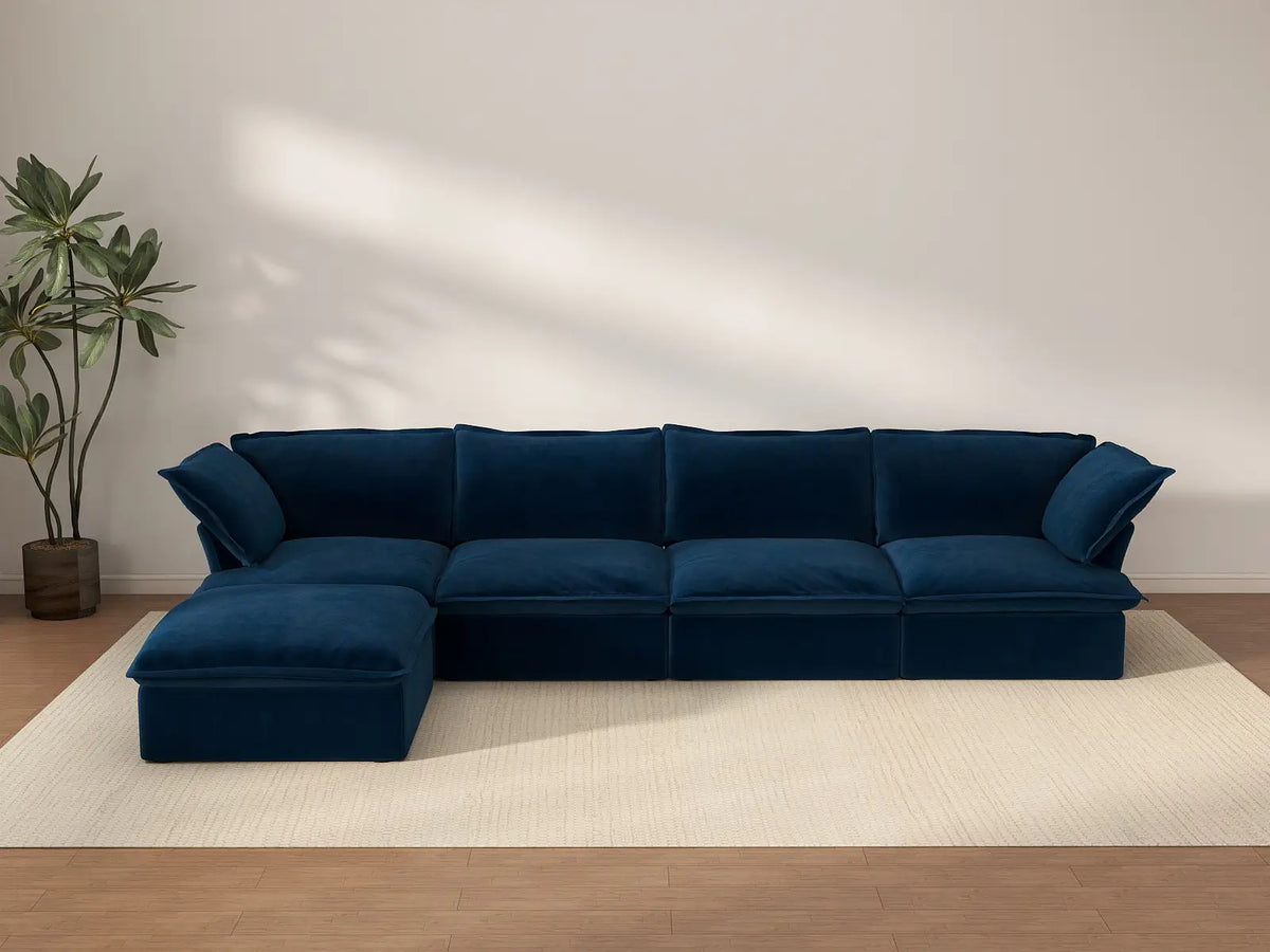 Deluxe Cloud Dark Blue 4-Seater L-Shaped Sofa with Storage | 5-Piece (includes 1 ottoman), Velvet Fabric, Washable Covers