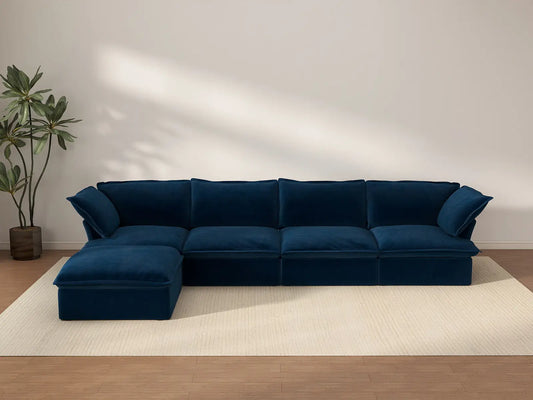 Sofá en L de 4 plazas Deluxe Cloud azul oscuro con almacenamiento | 5 piezas (incluye 1 otomana), tela de terciopelo, fundas lavables