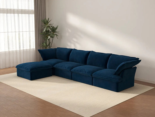 Sofá en L de 4 plazas Deluxe Cloud azul oscuro con almacenamiento | 5 piezas (incluye 1 otomana), tela de terciopelo, fundas lavables