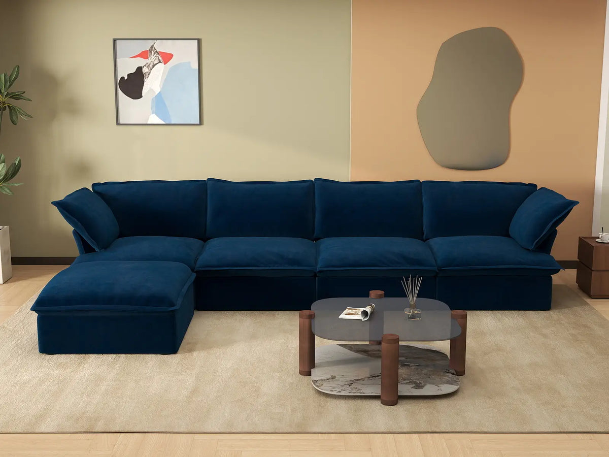 Deluxe Cloud Dark Blue 4-Seater L-Shaped Sofa with Storage | 5-Piece (includes 1 ottoman), Velvet Fabric, Washable Covers