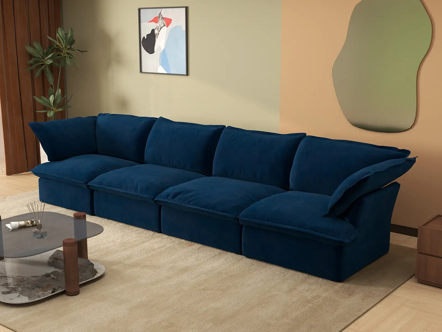 Sofá modular de 4 plazas Deluxe Cloud azul oscuro | 4 piezas, tela de terciopelo, fundas lavables