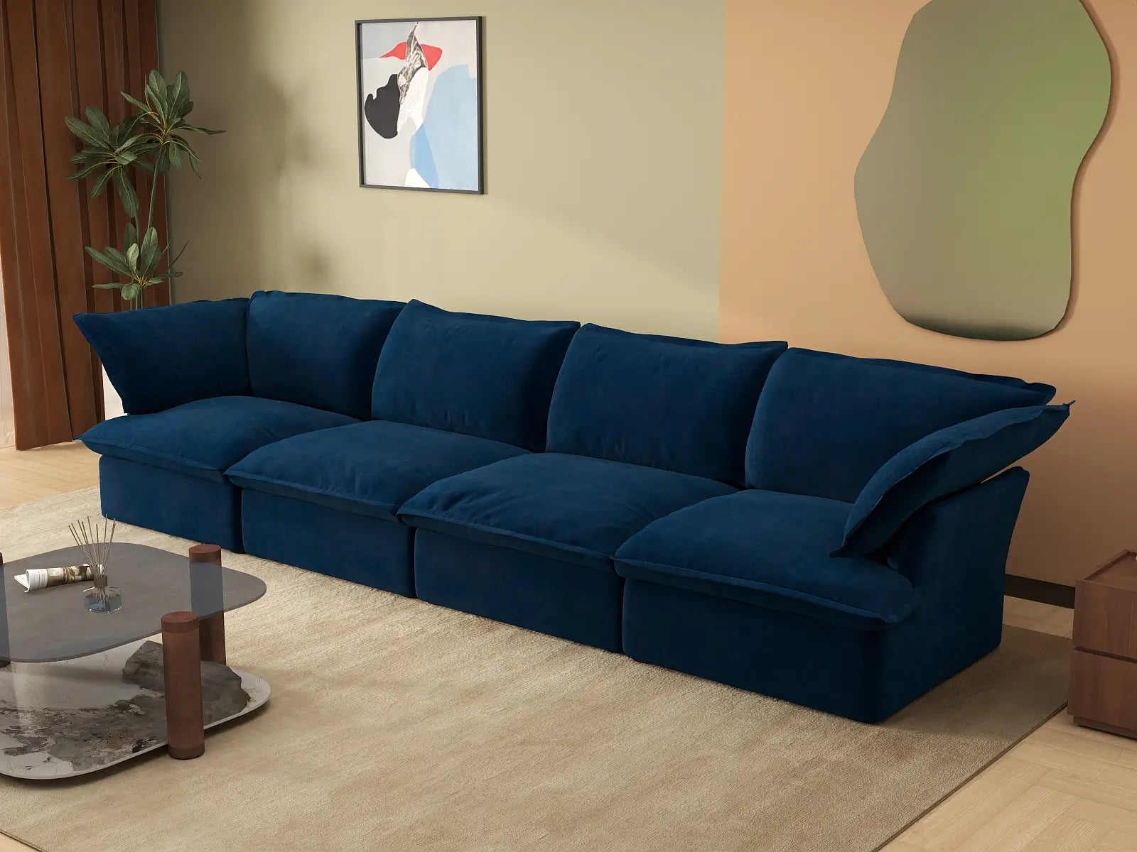 Sofá modular de 4 plazas Deluxe Cloud azul oscuro | 4 piezas, tela de terciopelo, fundas lavables