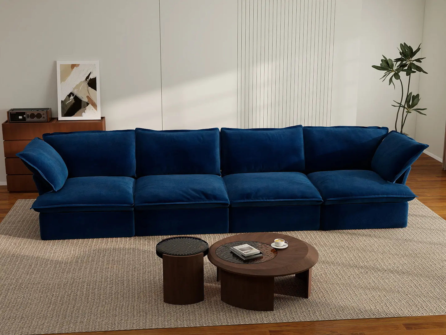 Sofá modular de 4 plazas Deluxe Cloud azul oscuro | 4 piezas, tela de terciopelo, fundas lavables