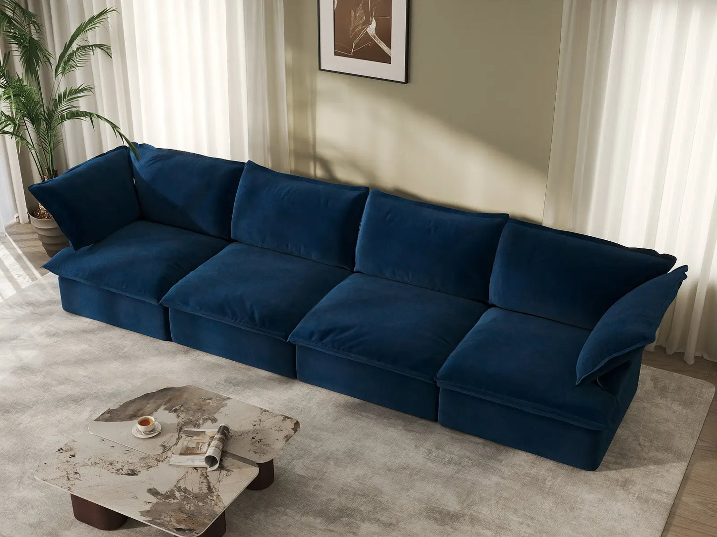 Sofá modular de 4 plazas Deluxe Cloud azul oscuro | 4 piezas, tela de terciopelo, fundas lavables