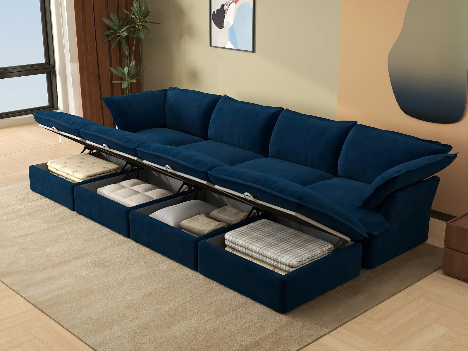 Seccional Deluxe Cloud "Pit" de 4 plazas en Azul Oscuro con Almacenamiento | 8 piezas (incluye 4 otomanas), Tela de Terciopelo, Fundas Lavables