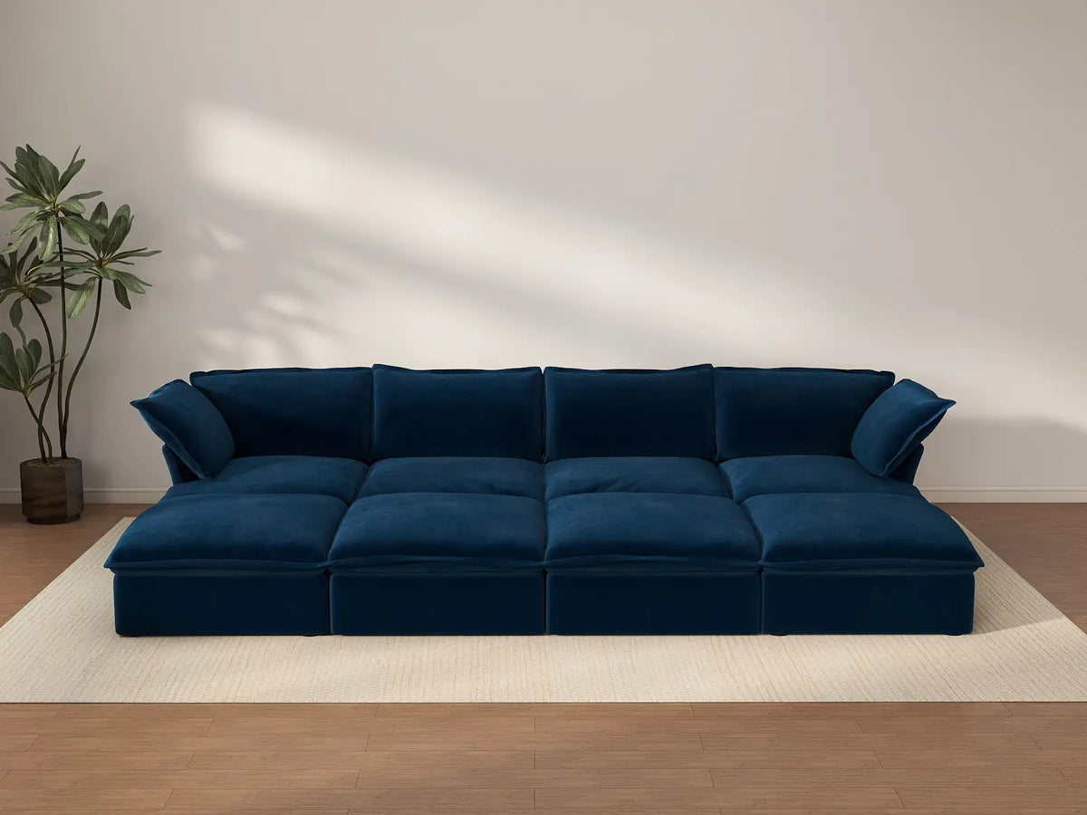 Deluxe Cloud Dark Blue 4-Seater Pit Sectional with Storage | 8-Piece (includes 4 ottomans), Velvet Fabric, Washable Covers