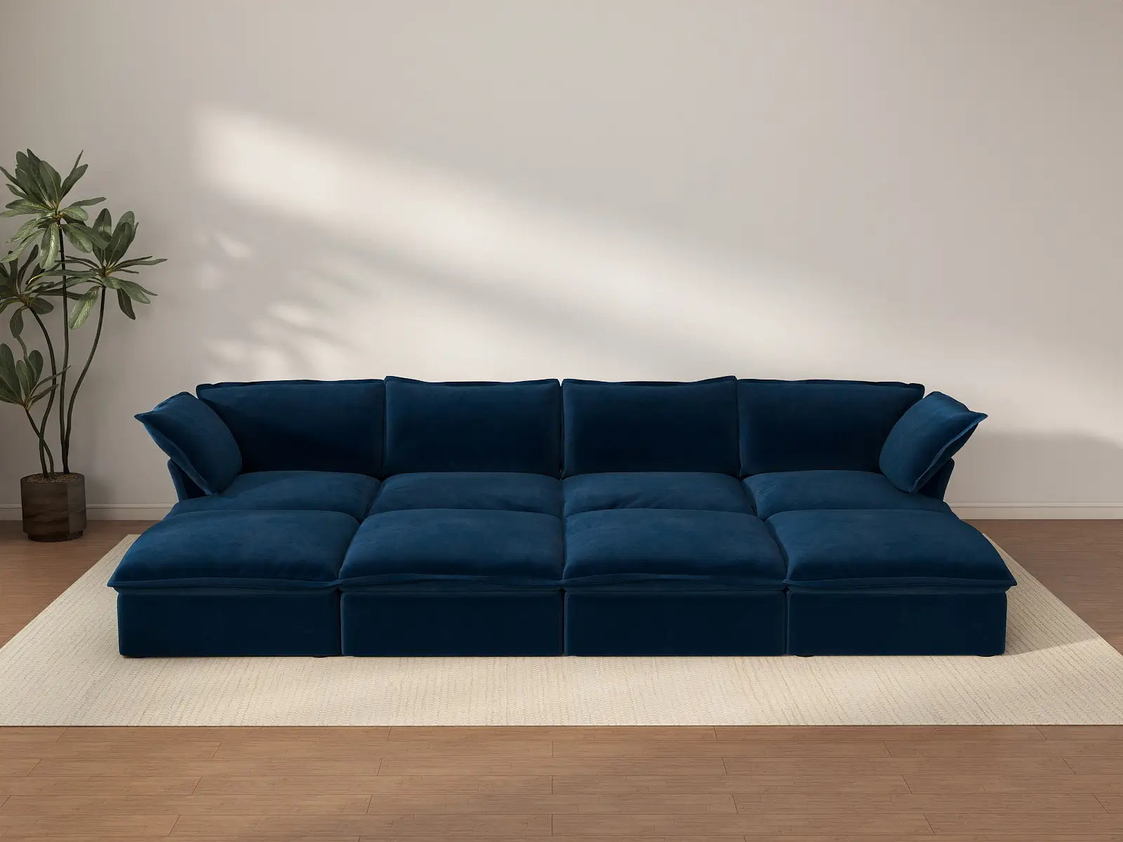 Seccional Deluxe Cloud "Pit" de 4 plazas en Azul Oscuro con Almacenamiento | 8 piezas (incluye 4 otomanas), Tela de Terciopelo, Fundas Lavables
