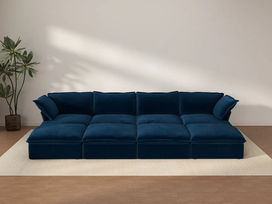 Deluxe Cloud Dark Blue 4-Seater Pit Sectional with Storage | 8-Piece (includes 4 ottomans), Velvet Fabric, Washable Covers