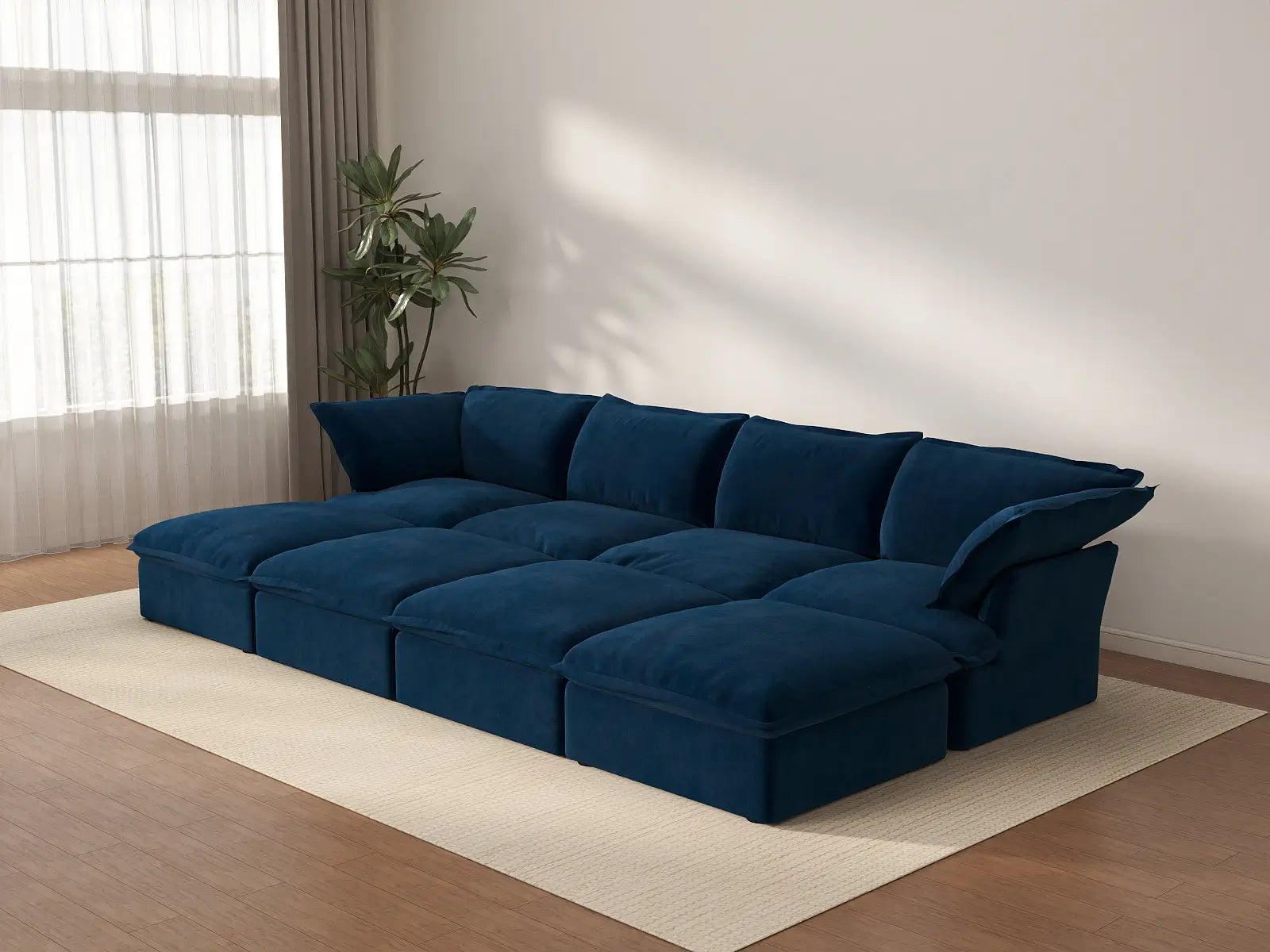 Seccional Deluxe Cloud "Pit" de 4 plazas en Azul Oscuro con Almacenamiento | 8 piezas (incluye 4 otomanas), Tela de Terciopelo, Fundas Lavables