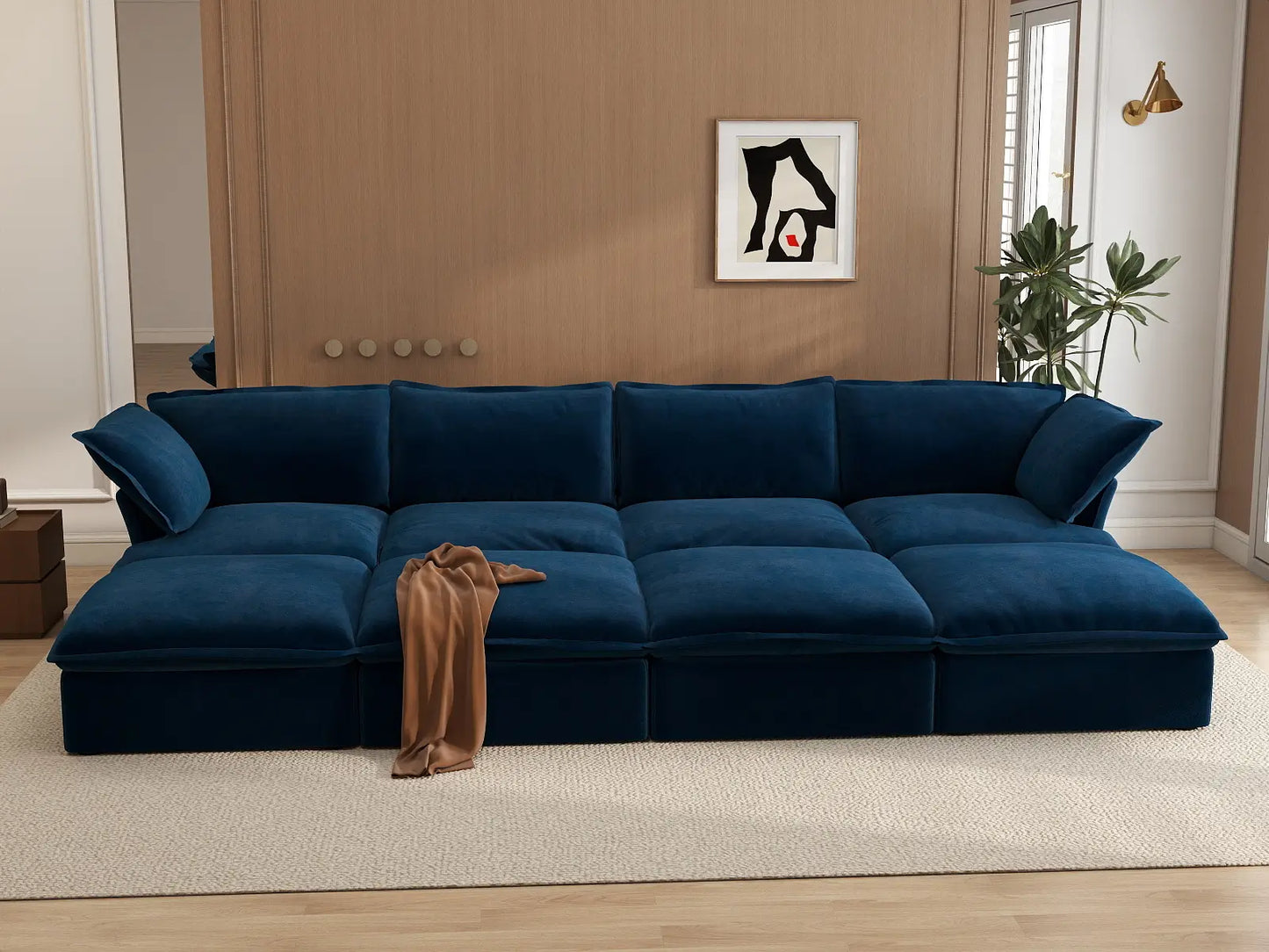 Deluxe Cloud Dark Blue 4-Seater Pit Sectional with Storage | 8-Piece (includes 4 ottomans), Velvet Fabric, Washable Covers