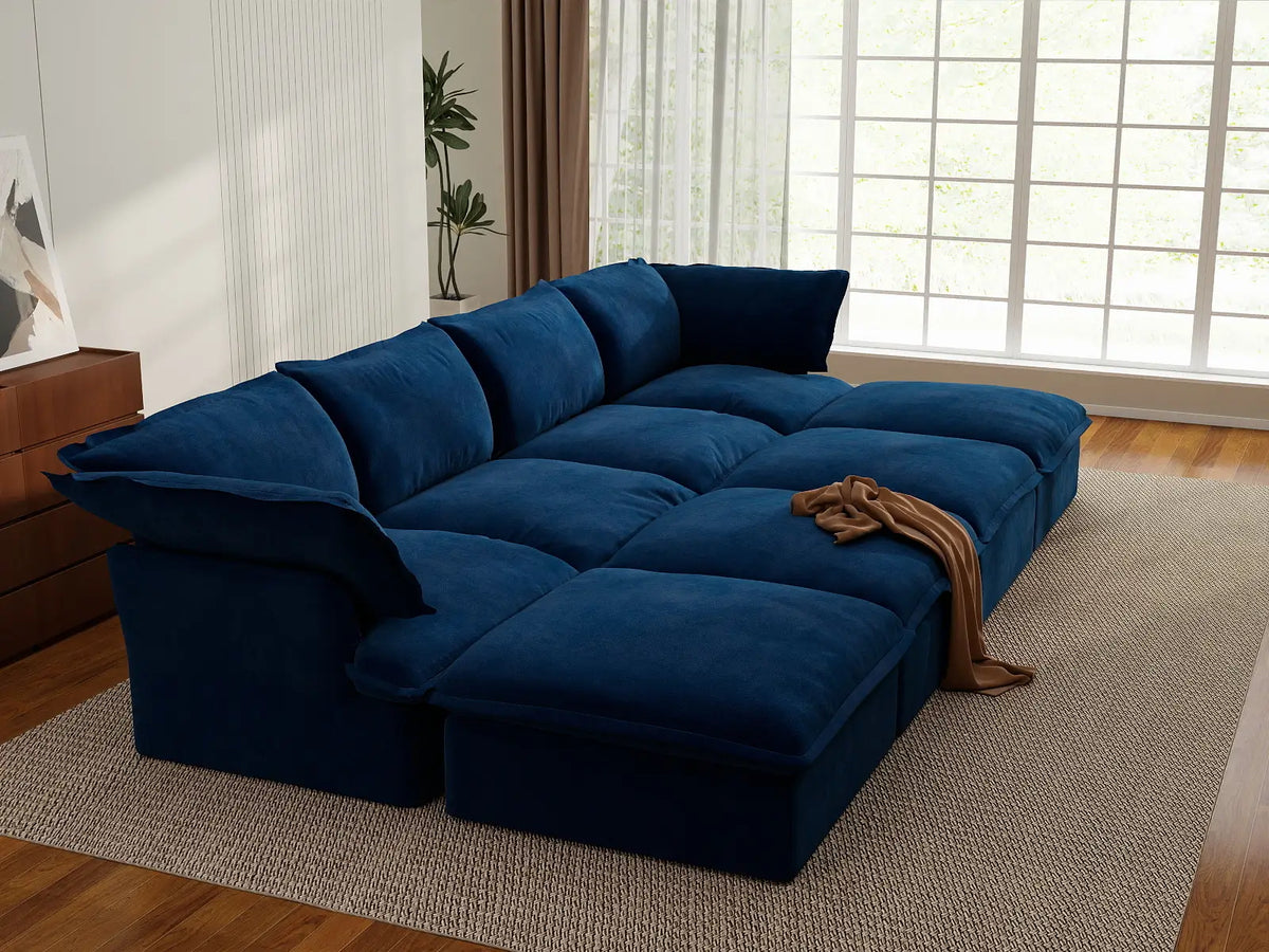 Deluxe Cloud Dark Blue 4-Seater Pit Sectional with Storage | 8-Piece (includes 4 ottomans), Velvet Fabric, Washable Covers