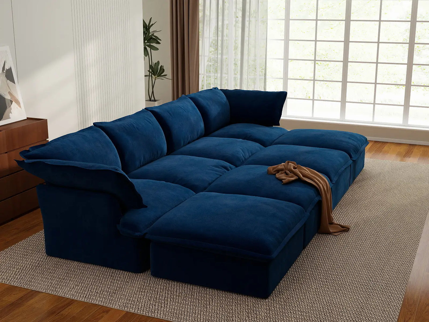 Deluxe Cloud Dark Blue 4-Seater Pit Sectional with Storage | 8-Piece (includes 4 ottomans), Velvet Fabric, Washable Covers