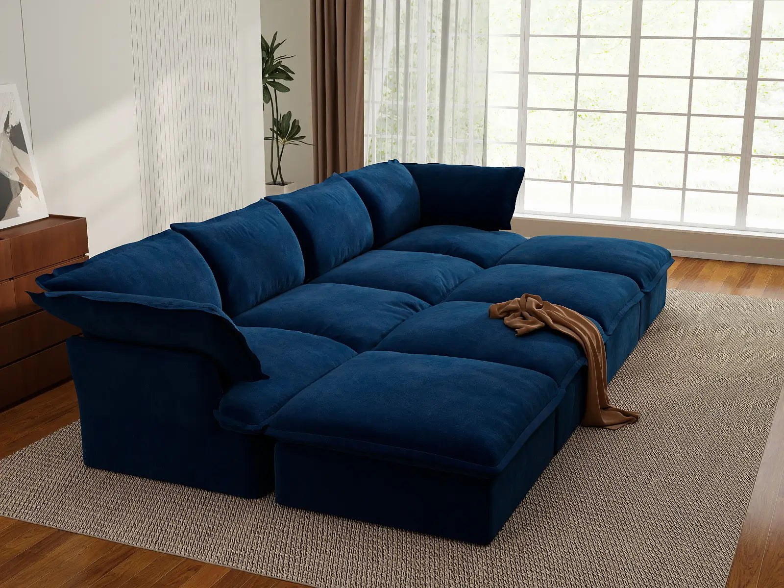 Seccional Deluxe Cloud "Pit" de 4 plazas en Azul Oscuro con Almacenamiento | 8 piezas (incluye 4 otomanas), Tela de Terciopelo, Fundas Lavables