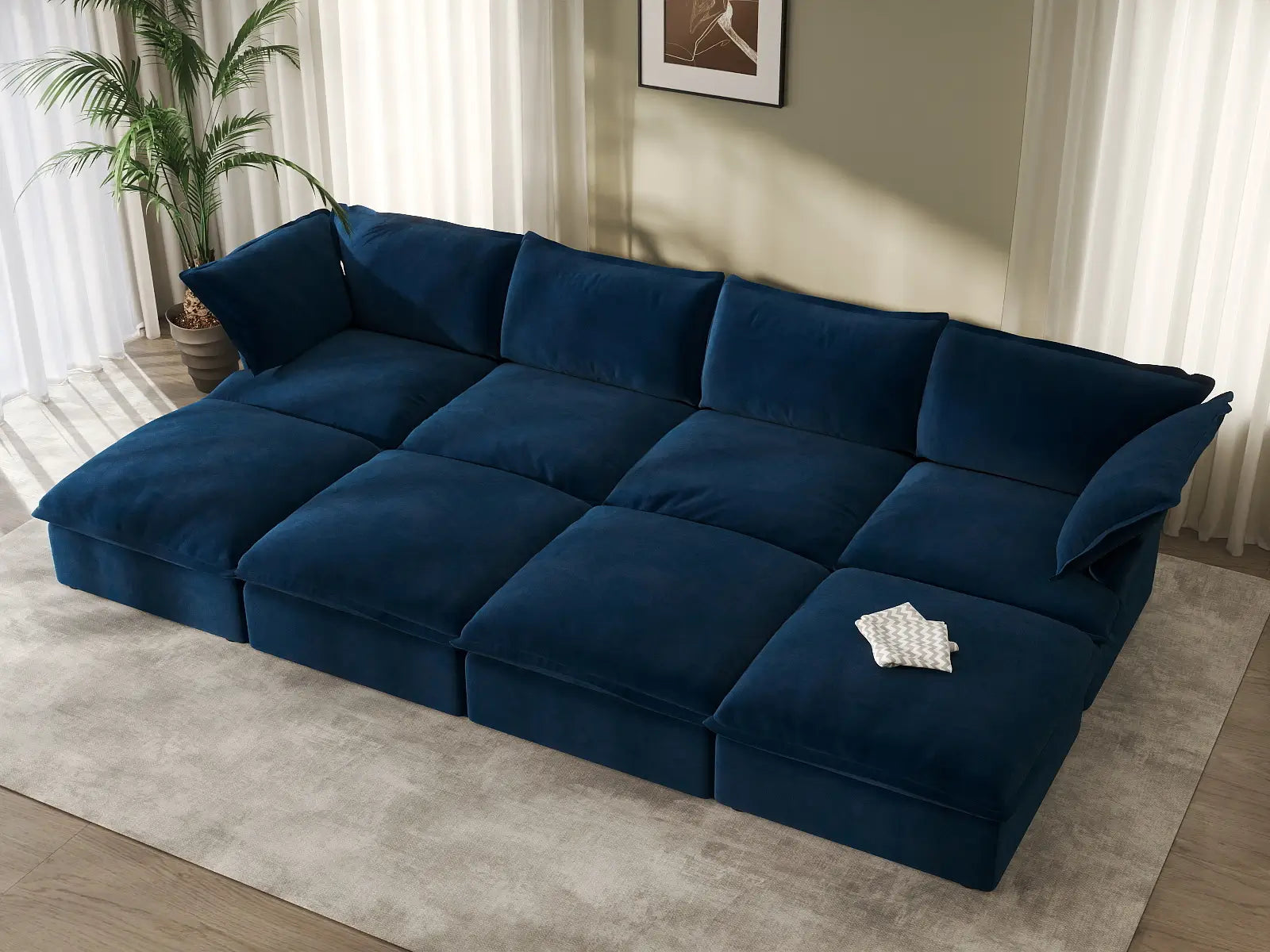 Seccional Deluxe Cloud "Pit" de 4 plazas en Azul Oscuro con Almacenamiento | 8 piezas (incluye 4 otomanas), Tela de Terciopelo, Fundas Lavables