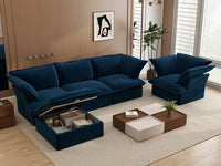 Deluxe Cloud Dark Blue 4-Seater Sofa with Storage | 5-Piece (includes 1 ottoman), Velvet Fabric, Washable Covers