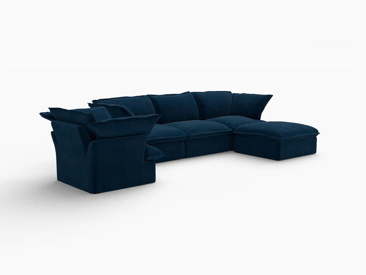 Deluxe Cloud Dark Blue 4-Seater Sofa with Storage | 5-Piece (includes 1 ottoman), Velvet Fabric, Washable Covers