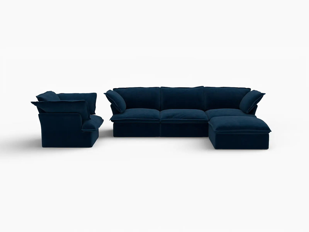 Deluxe Cloud Dark Blue 4-Seater Sofa with Storage | 5-Piece (includes 1 ottoman), Velvet Fabric, Washable Covers