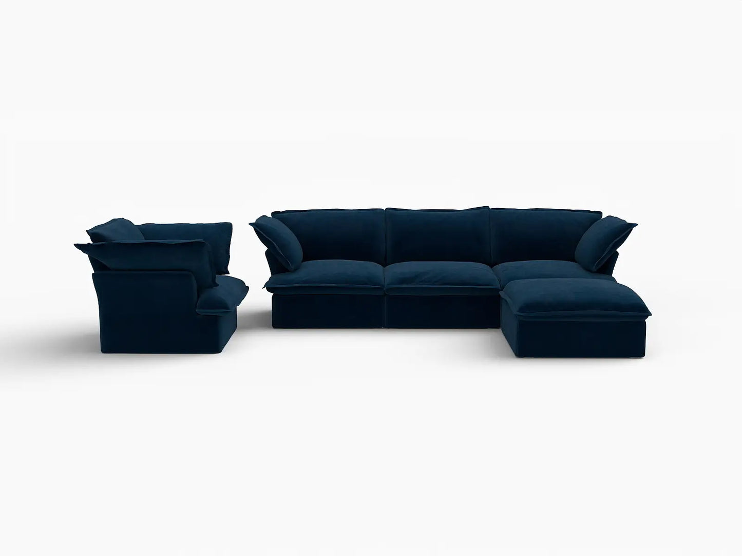 Deluxe Cloud Dark Blue 4-Seater Sofa with Storage | 5-Piece (includes 1 ottoman), Velvet Fabric, Washable Covers