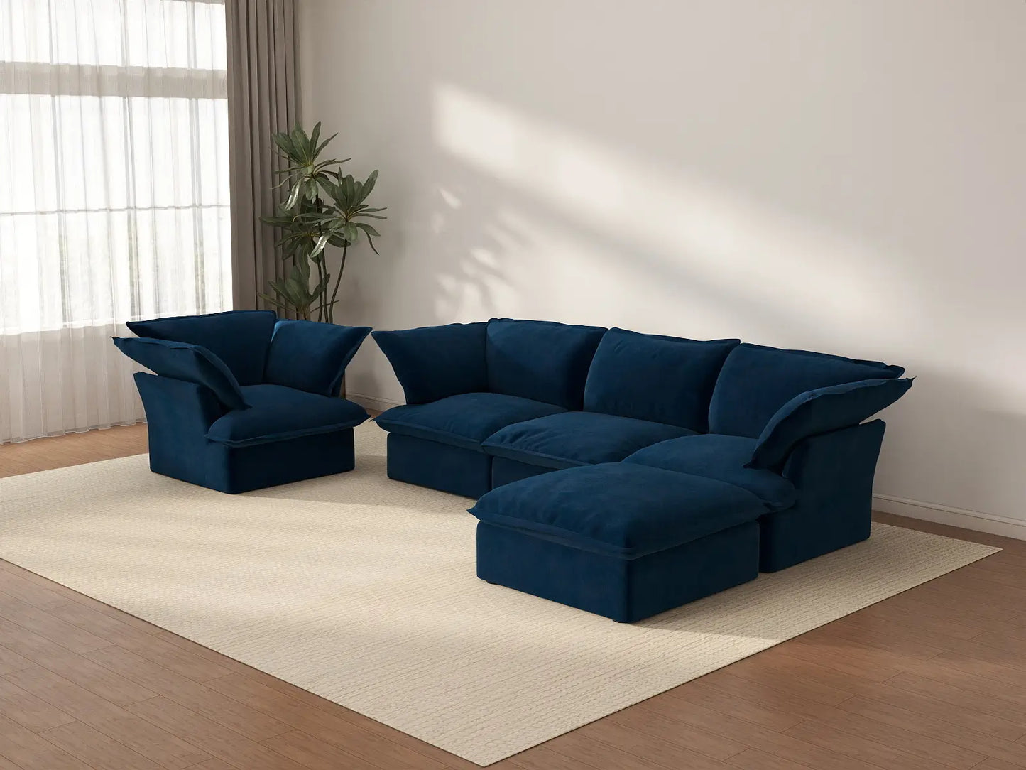 Deluxe Cloud Dark Blue 4-Seater Sofa with Storage | 5-Piece (includes 1 ottoman), Velvet Fabric, Washable Covers