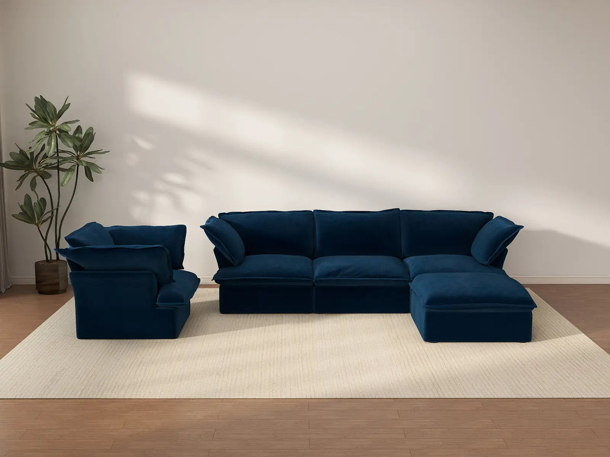 Deluxe Cloud Dark Blue 4-Seater Sofa with Storage | 5-Piece (includes 1 ottoman), Velvet Fabric, Washable Covers