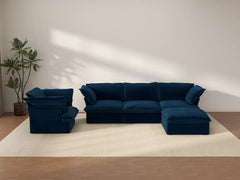 Deluxe Cloud Dark Blue 4-Seater Sofa with Storage | 5-Piece (includes 1 ottoman), Velvet Fabric, Washable Covers