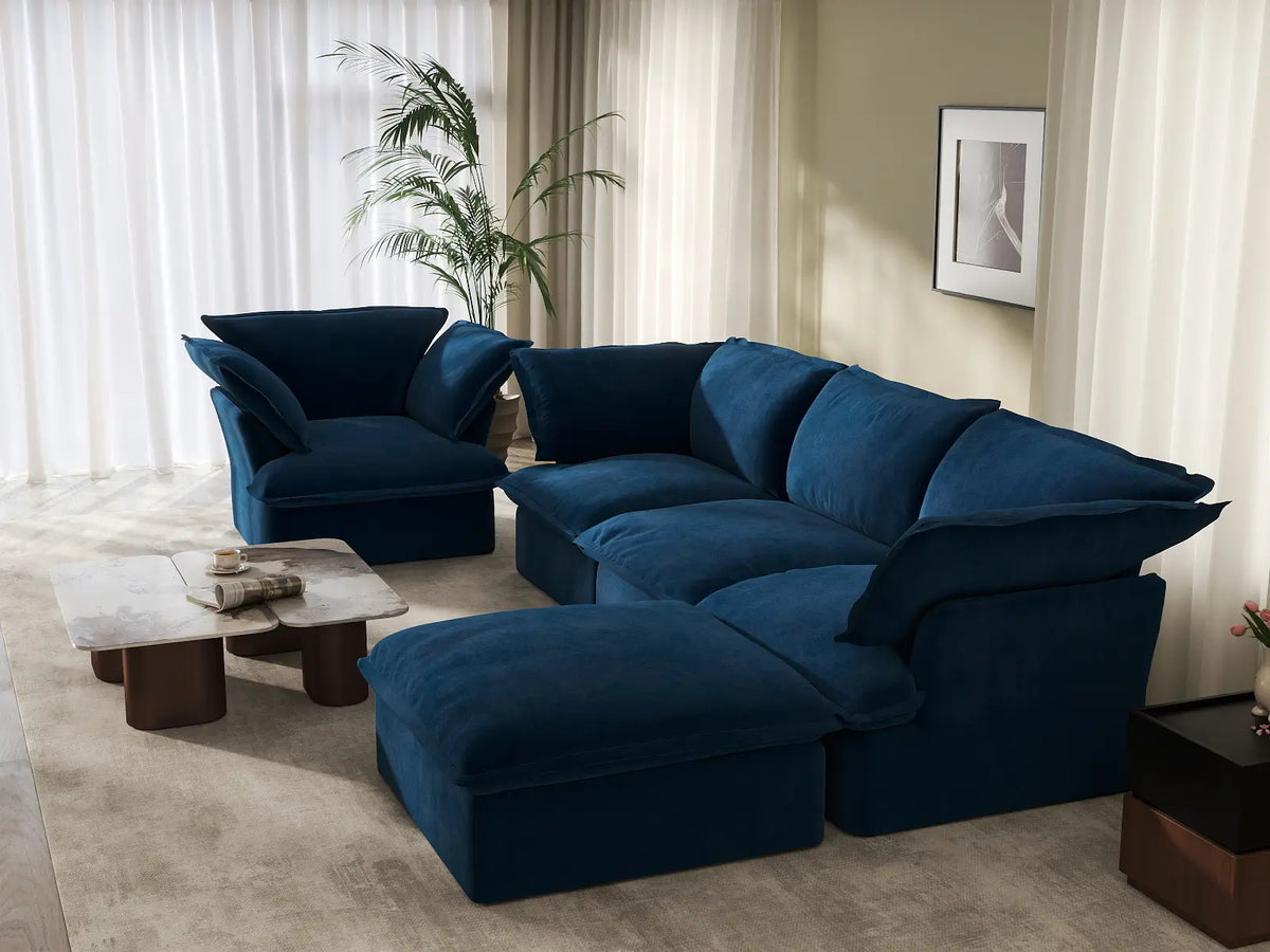 Deluxe Cloud Dark Blue 4-Seater Sofa with Storage | 5-Piece (includes 1 ottoman), Velvet Fabric, Washable Covers