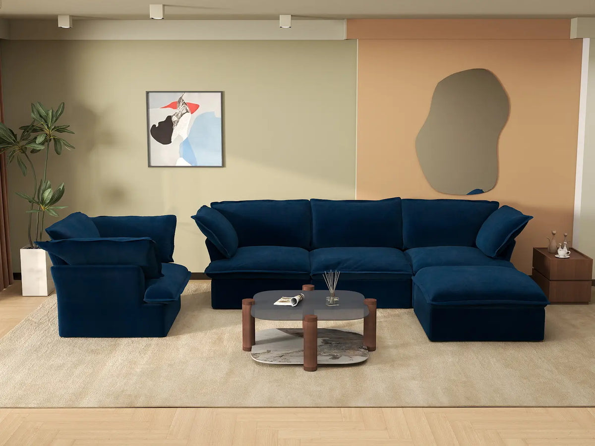 Deluxe Cloud Dark Blue 4-Seater Sofa with Storage | 5-Piece (includes 1 ottoman), Velvet Fabric, Washable Covers