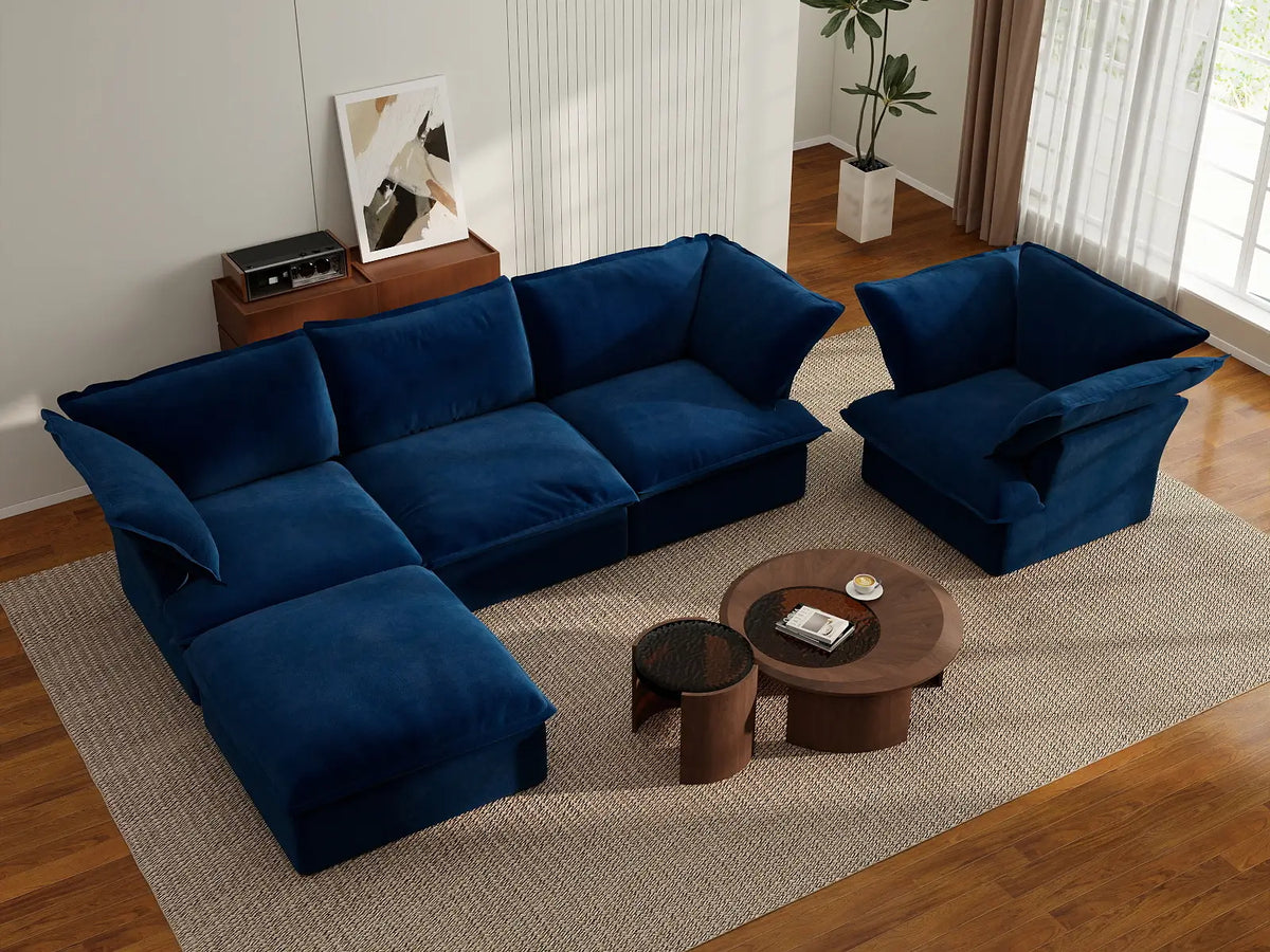 Deluxe Cloud Dark Blue 4-Seater Sofa with Storage | 5-Piece (includes 1 ottoman), Velvet Fabric, Washable Covers