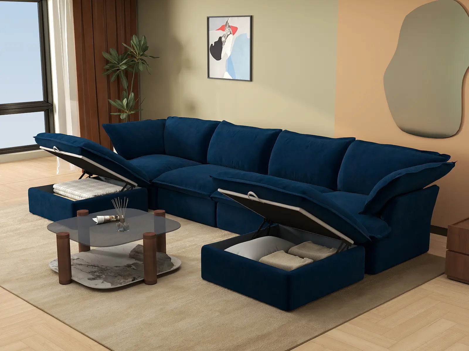 Sofá seccional de 4 plazas con forma de U Deluxe Cloud azul oscuro con almacenamiento | 6 piezas (incluye 2 otomanas), tela de terciopelo, fundas lavables