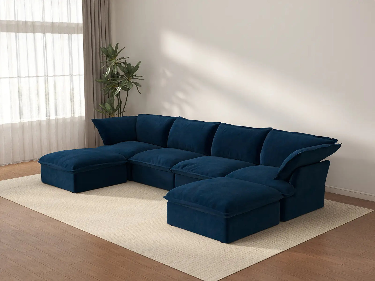 Sofá seccional de 4 plazas con forma de U Deluxe Cloud azul oscuro con almacenamiento | 6 piezas (incluye 2 otomanas), tela de terciopelo, fundas lavables