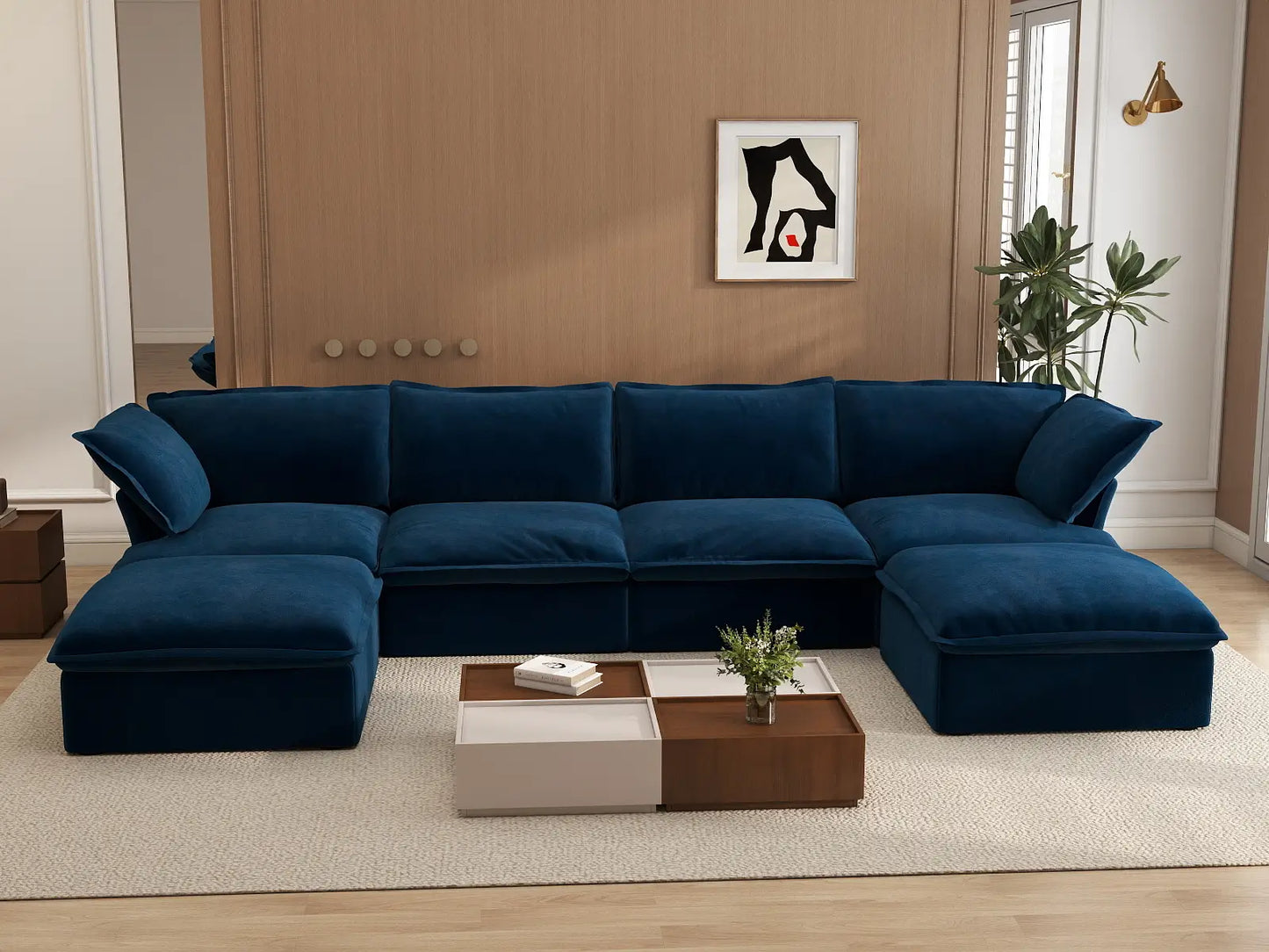 Sofá seccional de 4 plazas con forma de U Deluxe Cloud azul oscuro con almacenamiento | 6 piezas (incluye 2 otomanas), tela de terciopelo, fundas lavables