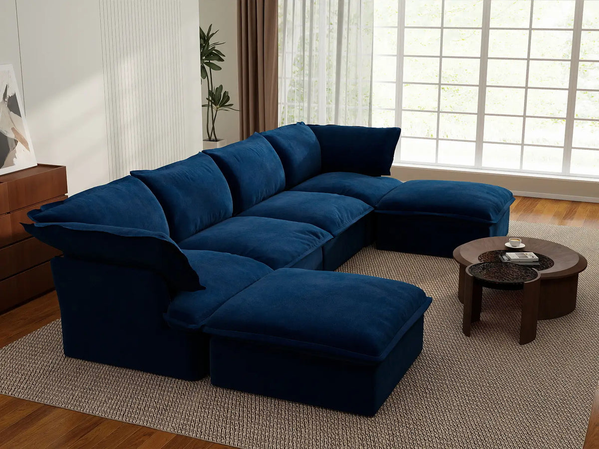 Sofá seccional de 4 plazas con forma de U Deluxe Cloud azul oscuro con almacenamiento | 6 piezas (incluye 2 otomanas), tela de terciopelo, fundas lavables