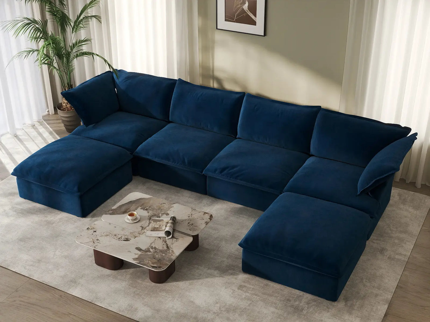 Sofá seccional de 4 plazas con forma de U Deluxe Cloud azul oscuro con almacenamiento | 6 piezas (incluye 2 otomanas), tela de terciopelo, fundas lavables