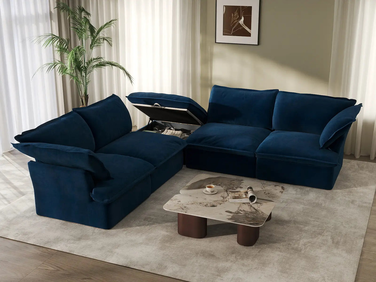 Deluxe Cloud Dark Blue 4-Seater V-Shaped Modular Sofa | 5-Piece (includes 1 ottoman), Velvet Fabric, Storage Ottoman
