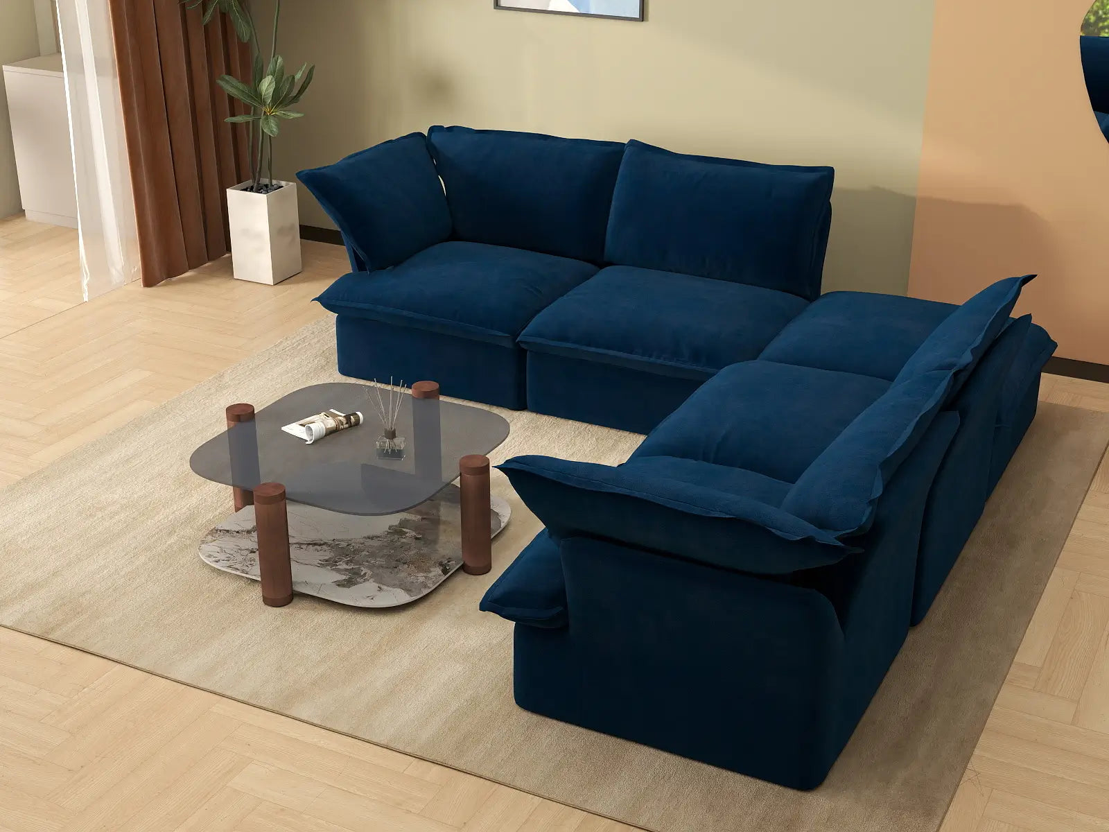 Sofá Modular en Forma de V de 4 Plazas Deluxe Cloud Azul Oscuro | 5 Piezas (incluye 1 otomana), Tela de Terciopelo, Otomana con Almacenamiento