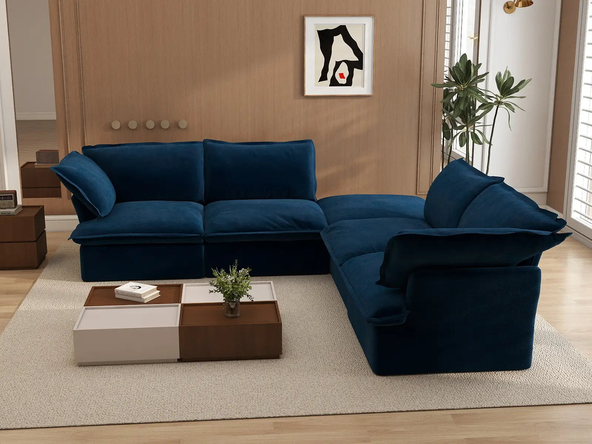 Deluxe Cloud Dark Blue 4-Seater V-Shaped Modular Sofa | 5-Piece (includes 1 ottoman), Velvet Fabric, Storage Ottoman