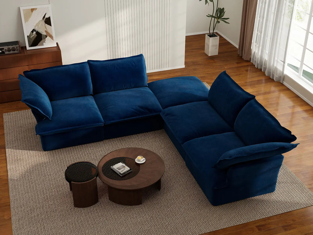 Deluxe Cloud Dark Blue 4-Seater V-Shaped Modular Sofa | 5-Piece (includes 1 ottoman), Velvet Fabric, Storage Ottoman