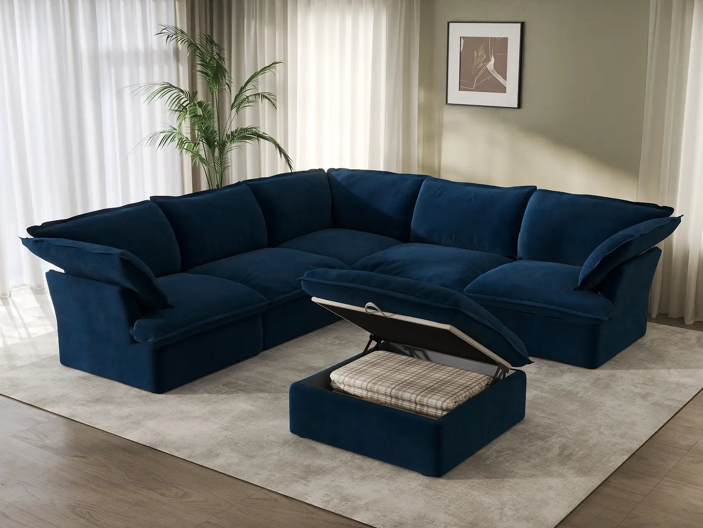 Deluxe Cloud Dark Blue 5-Seater Sofa with Storage | 6-Piece (includes 1 ottoman), Velvet Fabric, Washable Covers