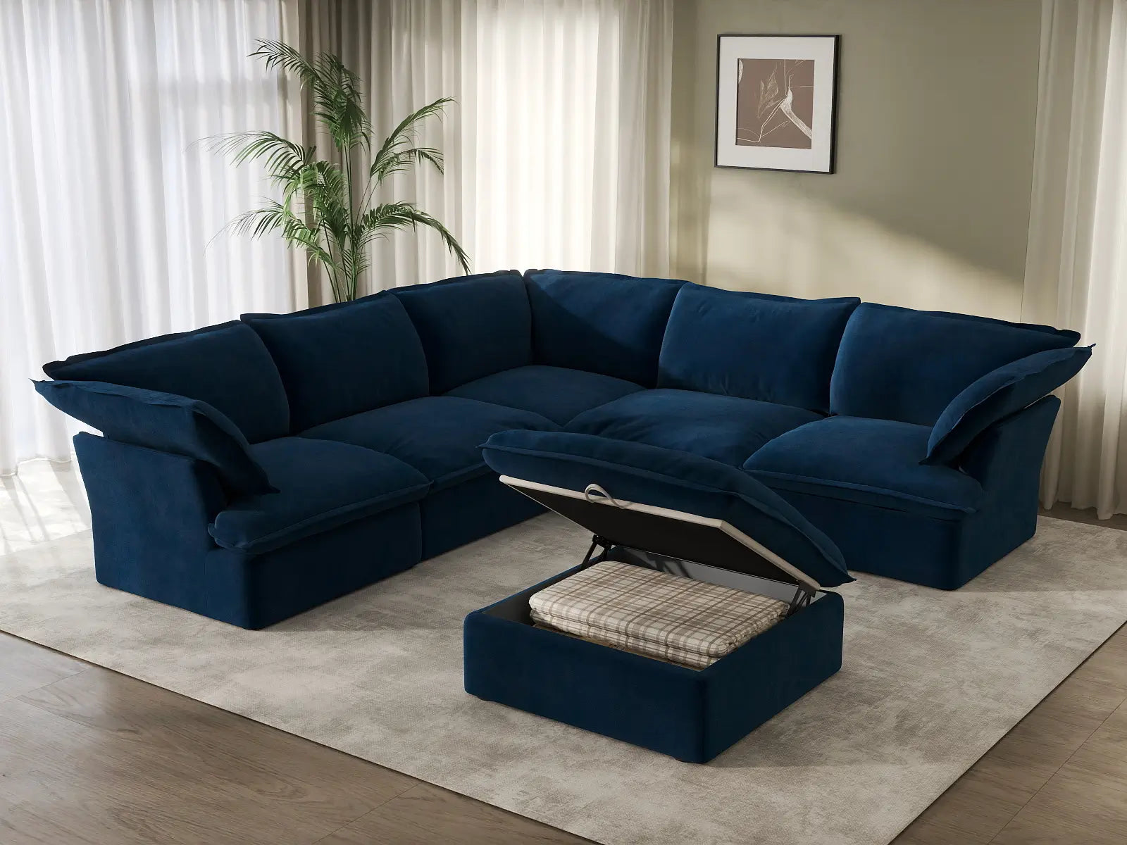Sofá de 5 plazas Deluxe Cloud en azul oscuro con almacenamiento | 6 piezas (incluye 1 otomana), tela de terciopelo, fundas lavables