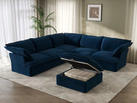 Deluxe Cloud Dark Blue 5-Seater Sofa with Storage | 6-Piece (includes 1 ottoman), Velvet Fabric, Washable Covers