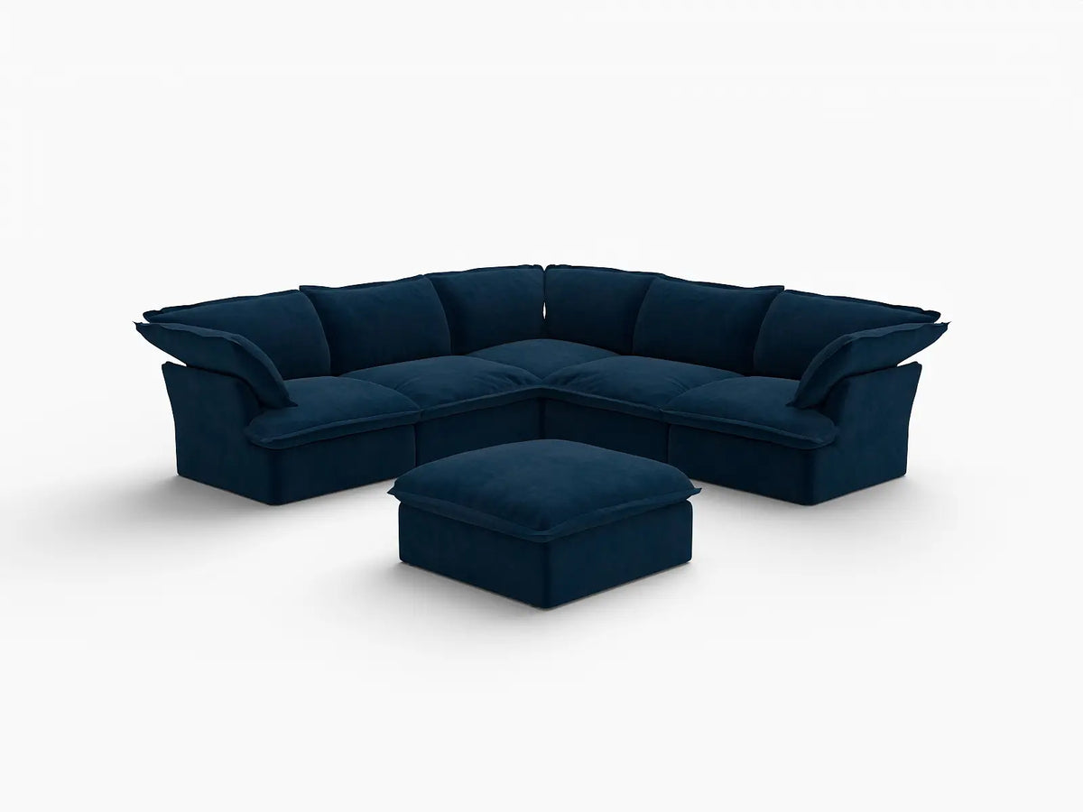 Deluxe Cloud Dark Blue 5-Seater Sofa with Storage | 6-Piece (includes 1 ottoman), Velvet Fabric, Washable Covers